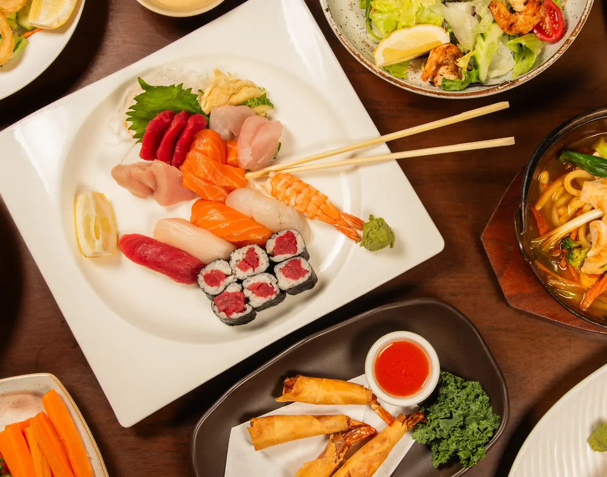 Sushi, sashimi, and tempura spread at Abis