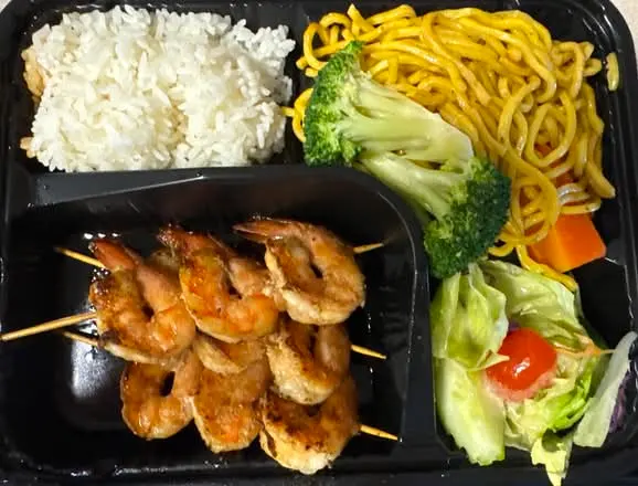 Bento with a shrimp skewer at Abis in Greenwich